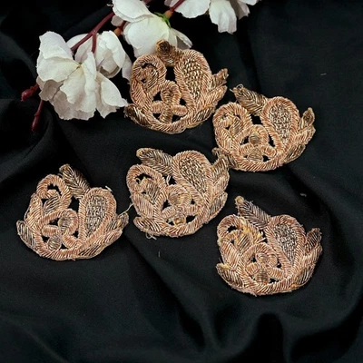 Vintage Golden Cotton Appliques – Set of 5 Hand-Embroidered Floral Patches Dabka - Image 1 of 4