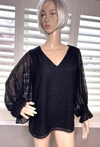 vince camuto MEDIUM blouse women Black Gold 10/12 Lined Sheer Balloon Sleeves - Picture 1 of 12