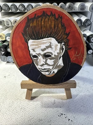 Halloween Michael Myers HandSketched Portrait On Live Edge Wood Signed ByArtist - Image 1 of 2