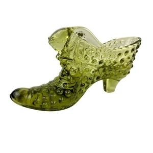 VTG Fenton Hobnail Cat Head Colonial Olive Green Glass Slipper Shoe - Picture 1 of 21