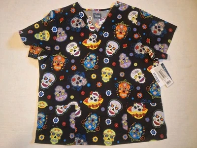 Butter Soft Orig. Candy Sugar Skull Halloween Short Sleeve Scrub Top Size XL NWT - Image 1 of 2