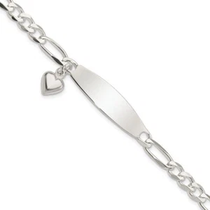 925 Sterling Silver Figaro Link ID Heart Dangling Charm Bracelet - Picture 1 of 17