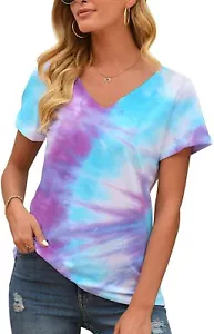 Women Tie Dye Tops Summer Short Sleeve Trendy Casual Novelty (Purple,Size:L) - Picture 1 of 5
