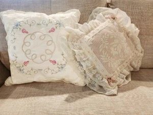 Vintage Accent Pillows, Pair of Bed Pillows, Pink Lace & Quilted Satin Pillows - Picture 1 of 10