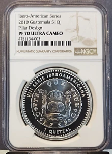 2010 GUATEMALA SILVER 1 QUETZAL PILLAR DESIGN NGC PF 70 ULTRA CAMEO RARE POP 1 - Picture 1 of 3