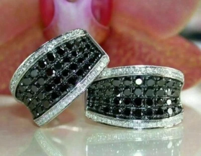 2Ct Lab-Created Black Diamond Cluster Huggie Hoop Earrings 14K White Gold Finish - Image 1 of 4
