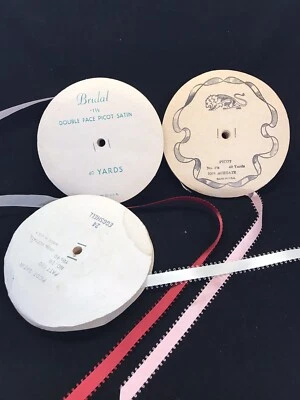 Vintage Bridal Ribbon Lot Of Three Paper Protected Picot Red Pink & Eggshell - Image 1 of 4