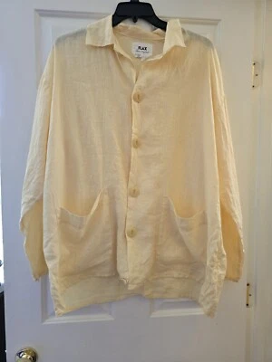 NUEVO SIN ETIQUETAS Raro FLAX por Jeanne Engelhart Lino Ligero Chaqueta Amarillo Botón Top M Foto 1 de 3