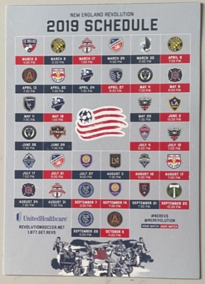 全新 英格兰革命足球,2019 年,5 英寸 x 7 英寸 磁性计划,罕见! — 第 1/1 张图片