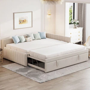 Full Size L-Shaped Upholstered Daybed Corner Sofa Bed +Twin Pop Up Trundle Beige - Picture 1 of 20