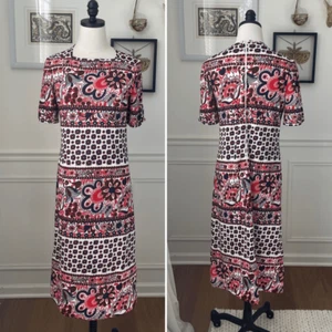 Vintage 70s Goldworm Italy Short Sleeve Mod Boho Print Dress M - Picture 1 of 11