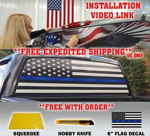 THIN BLUE LINE POLICE SUPPORT AMERICAN FLAG PICKUP TRUCK REAR WINDOW DECAL USA - Picture 1 of 8