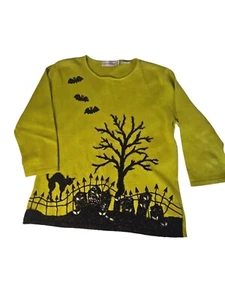Marisa Christina Sweater Medium Halloween Green Black Cat Bats Pullover Knitted - Picture 1 of 9