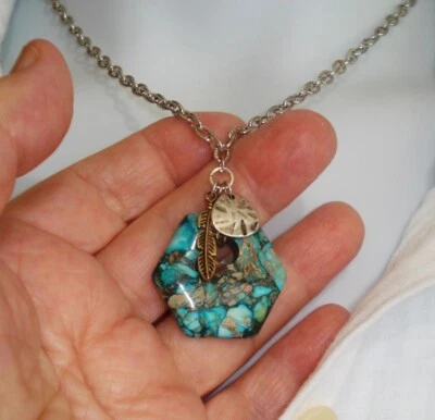 Мозаика бирюза, перо, Sandollar подвеска SP текстурированный 18» цепочка ожерелье - Изображение 1 из 4