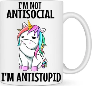 I'm Not Antisocial I'm Antistupid - Rude Novelty Gift Mug, Unicorn, Funny Work - Picture 1 of 7