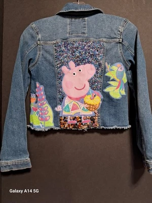  Button Up Blue Jean Denim Jacket Size Large 10/12 Girls Decorated.  SO - Image 1 of 4