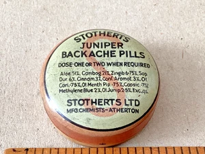 RARA LATA PUBLICITARIA VINTAGE STOTHERTS “PÍLDORAS PARA EL DOLOR DE ESPALDA DE ENEBRO”. - Imagen 1 de 5
