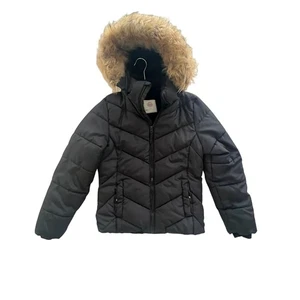 SO Mädchen schwarze gefütterte Jacke mit abnehmbarem Kunstfellkapuzenbesatz Größe 14 - Bild 1 von 10
