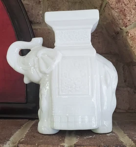 Tabletop Elephant White Ceramic Plant or Candle Stand  10 inches tall Trunk Up - Picture 1 of 24