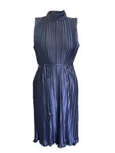 NEW DKNY Navy Pleat High Neck Shift Mini Dress with Belt Tie- Size 12 - Picture 1 of 5