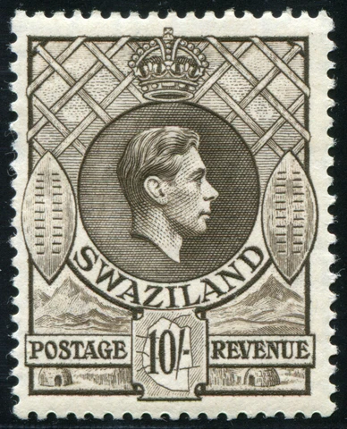 Swaziland 1938 KGVI 10/- Mint Hinged SG 38, first printing, Perf. 13.3x13.2 £75 Cover