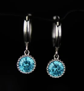 14k White Gold Dangle Round Birthstone Huggie Earrings - Picture 1 of 13