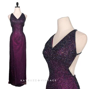 Vintage Scala Prom Dress Maxi Gown S Purple Pink 90S Y2K Glam Bead Long Pageant - Picture 1 of 15