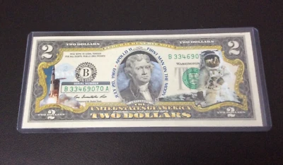Apollo 11 July 20, 1969 Two-Dollar Bill U.S. Colorized in Hard Plastic - Image 1 of 2