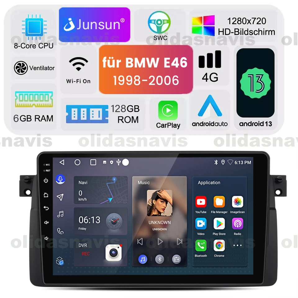 Für BMW E46 M3 JUNSUN 128G Android 13 Auto Autoradio 9" GPS Navi CarPlay Stereo
