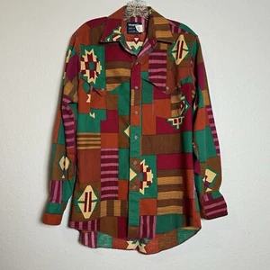 VTG 90s Wrangler Western Shirt 15.5 Cowboy Caped Geometric Aztec X Long Tail USA - Picture 1 of 9