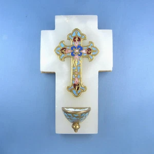 Small Holly Waiter Font Champlevé Enamel Cross & Onyx Antique Cloisonne Crucifix - Picture 1 of 6