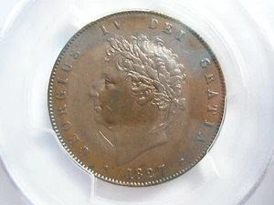 GREAT BRITAIN UK England 1/2 Half Penny 1827 PCGS AU 55 UNC King George Copper - Picture 1 of 3