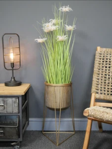 Large Metal Gold Ribbed House Plant Flower Pot Display Tall Planter Stand Holder - Picture 1 of 6
