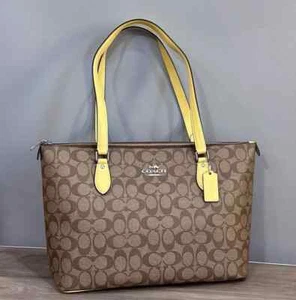 COACH CH504 Gallery Tote Signature Canvas & Leather Khaki/Retro Yellow - Picture 1 of 7