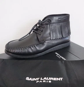 🆕️ SAINT LAURENT Leather SHEARLING FUR Fringed Moccasins Ankle Boots EU-39 US-9 - Picture 1 of 7