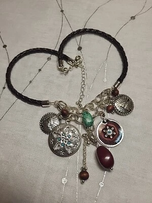 Collar Estilo Cuero OHQ Turquesa Borgoña Piedras Cuentas Dijes Ajustables Foto 1 de 4