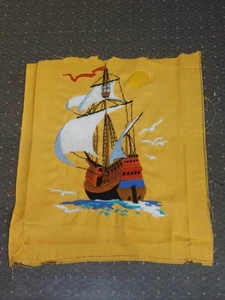 handmade vintage crewel 1970s 80s sailboat sunset ocean sea nautical decor 16x14 - Picture 1 of 6