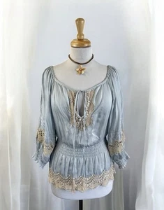 Bebe Light Blue Crochet Silk Blouse Peasant Top Boho Airy Sheer Beach Romantic S - Picture 1 of 7