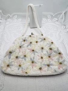 Vintage Glass Beaded Evening Bag Purse 1960s Bridal Clutch Pastel Floral Daisy - Picture 1 of 9