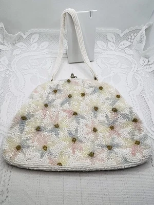 Vintage Glass Beaded Evening Bag Purse 1960s  Bridal Clutch Pastel Floral Daisy - Image 1 of 4