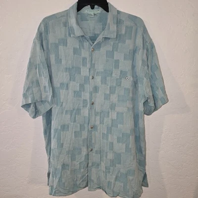 Tulliano 100% Silk Button Down Shirt Mens XXL Blue Patchwork design Short Sleeve - Image 1 of 4