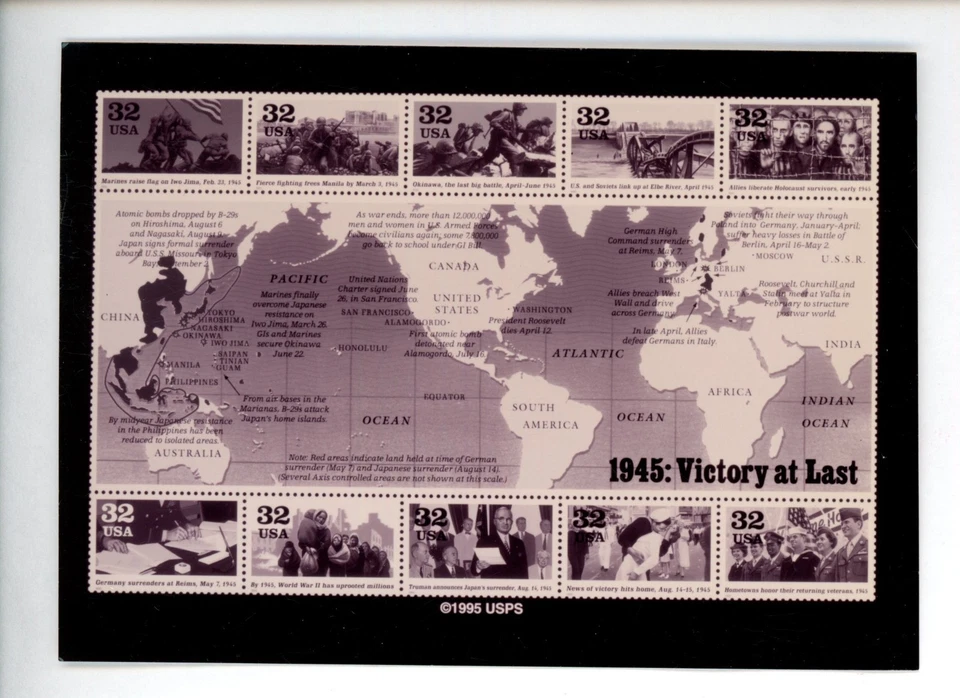 US Stamp FDC SEPIA Publicity Photo Essay #2981 32c 1945 WW II Events S/S 10 1995 - Image 1 of 1