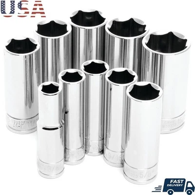 3/8 Drive Deep Socket Set 10 Pieces SAE High Strength Chrome Vanadium Tool Kit - Image 1 of 4
