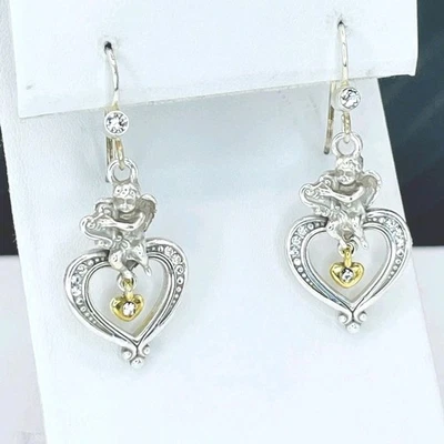 Brighton Cupid’s Dream Silver & Gold Tone Heart Dangle Earrings with Crystals - Image 1 of 4