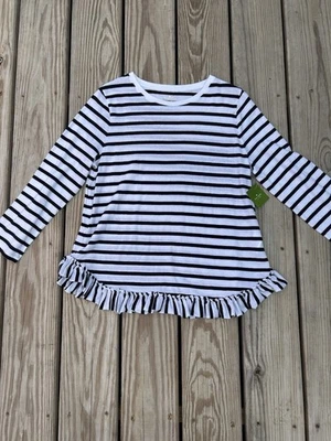 Camisa Kate Spade Algodón Blanco Azul Rayas Manga 3/4 Tejida Volantes Ribete Talla MED Foto 1 de 4