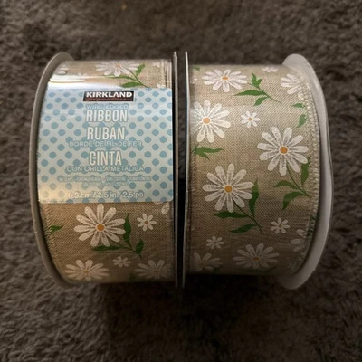 TWO rolls 2.5" DAISY Wired Ribbon  NATURAL & White 5 yards Beautiful yellow  - Image 1 of 4