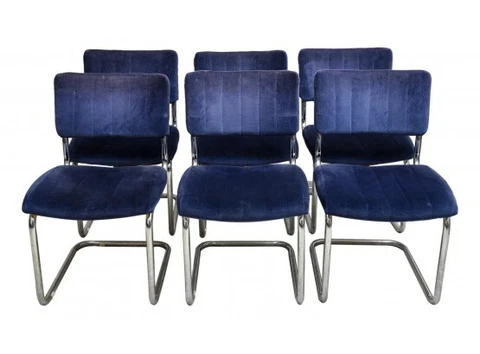 6 Segars Tubular Cantilevered Chrome And Blue Velvet Dining Chairs Cover