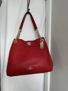 NWOT Coach Edie 31 Turnlock Chain Red Pebble Leather Shoulder Bag Purse Tote - Picture 1 of 11