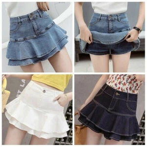 Women Micro Mini Denim Skirt Sexy Double Layer Falbala Dance Party Casual - Picture 1 of 15