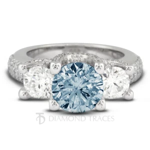 1.62 Carat Blue SI2 Round Cut Natural Certified Diamonds Plat Three Stone Ring - Picture 1 of 7